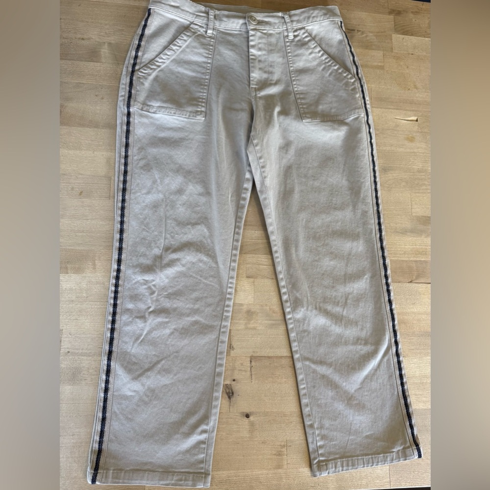 Lucky Brand taupe/beige cropped straight leg jeans with navy stripe